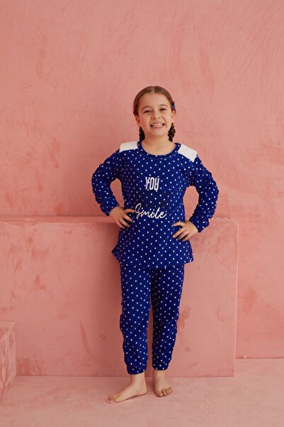 ELİTOL Set de pijamale din lână de pluș - model Blue Smile Dots, decolteu
