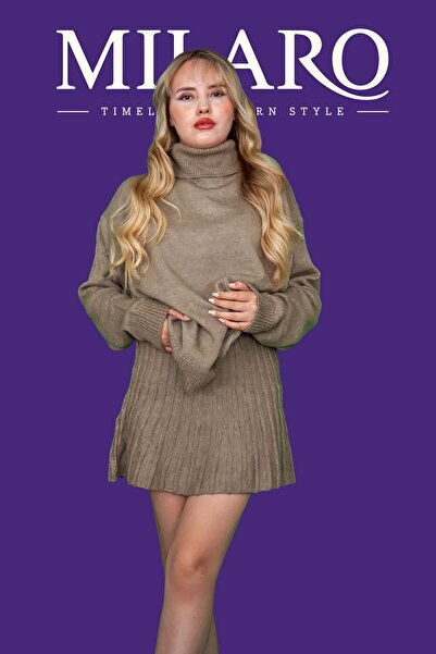 Butik Triko Kumaş Boğazlı Kazak ve Etek Takımı