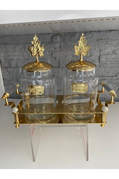 ALANYA HOME DECOR طقم مرطبان ذهبي مكون من قطعتين مع حامل ذهبي 29x13x24 سم