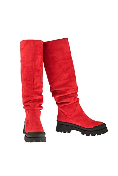 NOOSY Körüklü Kırmızı Kalın Taban Kadın Uzun Çizme