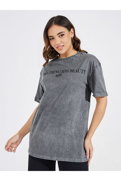 Styli Faded Wash Beauty Slogan T-Shirt with Turn-Up Sleeves
