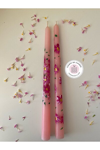 lıghts of candle handmade & 2020 2’li Pembe Çiçek Desenli Hediyelik Şamdan Mu...