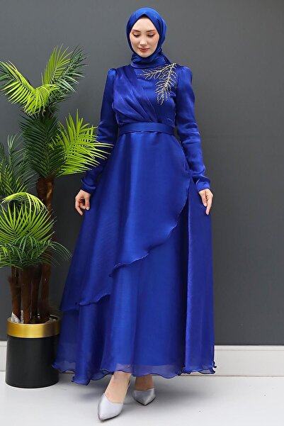 GİZ AGİYİM Βραδινό φόρεμα με λεπτομέρεια από πέτρα από μπλε οργάντζα