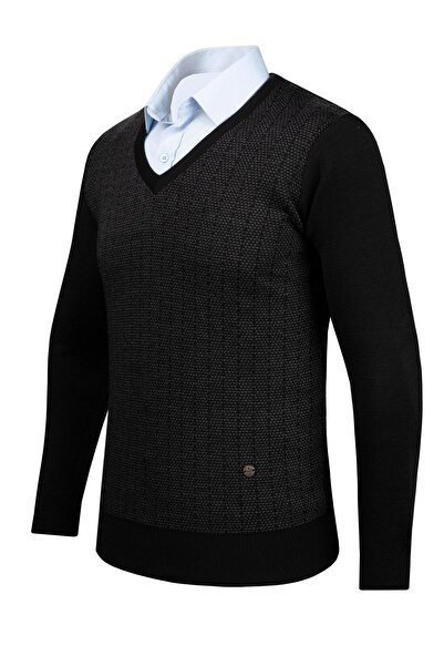 Çizgi Triko Men's V-Neck Striped Knitwear Sweater - Patterned Sleeve and Waist Elastic, Steel Knit Classic - 5007D