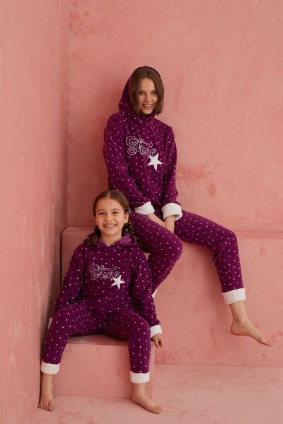 ELİTOL Set de pijamale din fleece mov strălucitor cu model de stele - decolteu