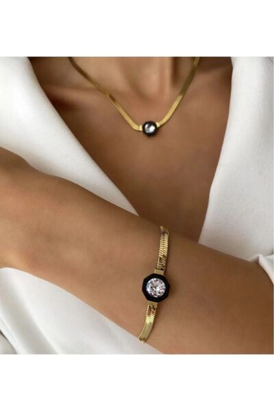 BORENO Paslanmaz Çelik Üzeri Altın Kaplama Çağla Şikel Kolye, Bileklik Set