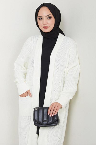 hafsamina White Knitwear Cardigan - Shawl Collar and Pocket Hm2534