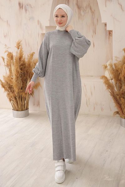 hafsamina Gray Balloon Sleeve Knitwear Dress - Hm2522