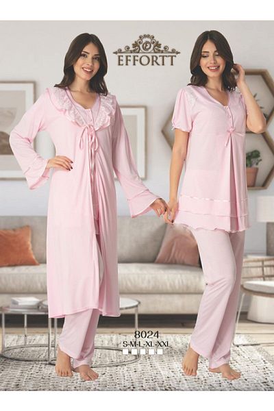 Effortt Women's Pink Pattern Maternity 3-Piece Set with Dressing Gown