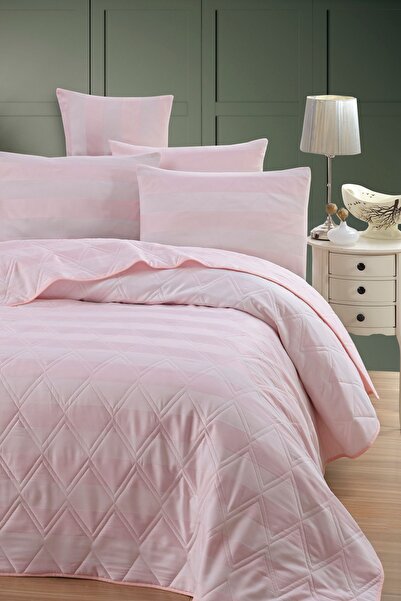 Enlora Home Max Yollu Saten Çok Amaçlı Örtü Çift Kişilik Pudra