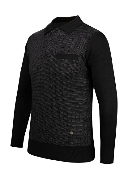 Çizgi Triko Men's Polo Collar Striped Knitwear Sweater - Patterned Sleeve and Waist Elastic, Steel Knit Classic - 5007Fa