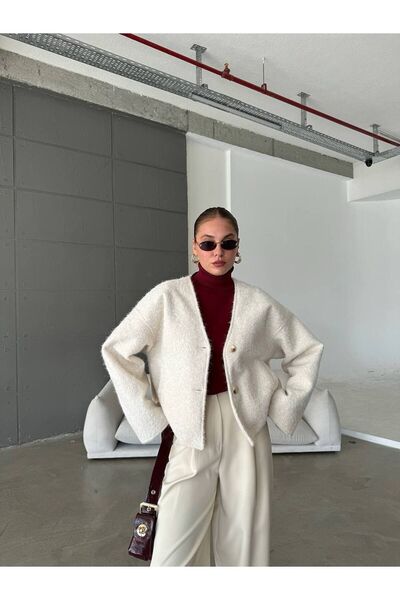 Zey Studio Women's Ecru Gray V-Neck Double Button Detailed Stamp Jacket