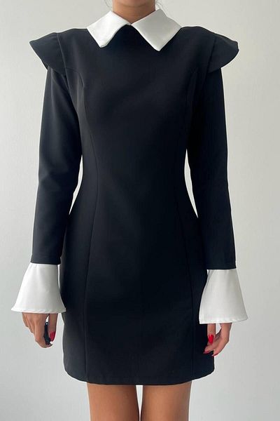 ZISHAN Rochie mini neagră de damă căptușită - mâneci cu volan și detaliu guler 010