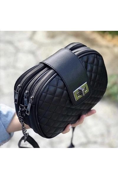 BLUE FASHION Geantă neagră de damă autentică elegantă cu accesorii antice cu trei compartimente