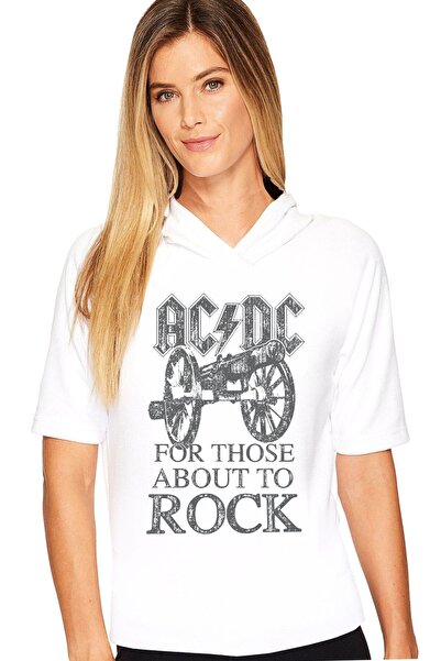 ROCKANDROLL Tricou de damă cu glugă albă cu model rock Acdc - mânecă scurtă