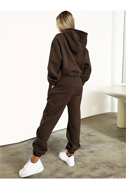 NO 601 Női barna vastag kapucnis tréningruha szett