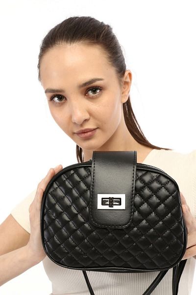 BLUE FASHION Geantă neagră de damă autentică elegantă cu accesorii antice cu trei compartimente