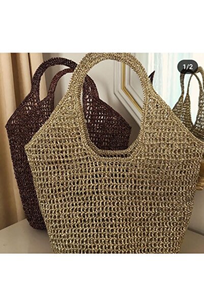 Cotton Crafty Sepet Model Gold Rengi Metalik Parlak Hasır Ip El Örgüsü File Çanta Plaj Çanta Omuz Çanta