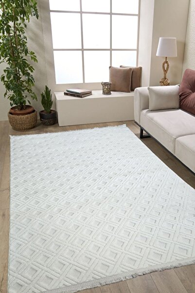 melian Modern Kareli Beyaz Bukleli Kabartmalı Yumuşak Dokuma Halı Çocuk Oturm...