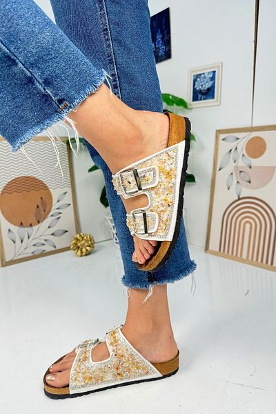 Nstil Daily Women's White Slippers with Double Buckle, Pebble Stone, Oval Toe, Cork Sole, Low Heels 1792