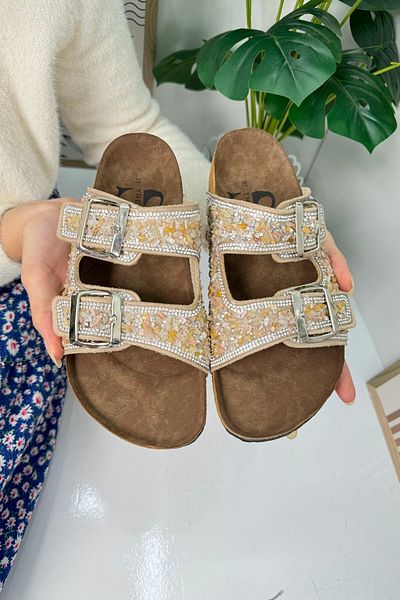 Nstil Beige Women's Slippers - Double Buckle, Pebble Stone, Oval Toe, Cork Sole, Low Heel 1792