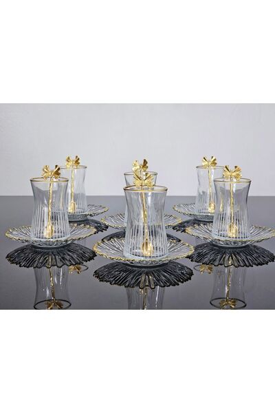 Aymin Kristal Drem Glass Çay Seti 18 Parça Gold Yaldızlı Kelebek Çay Kaşıklı