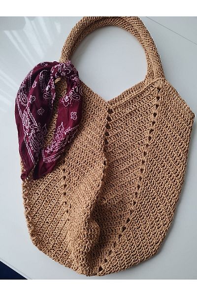 Verda Desing Straw Medium Size Handle Beach Bag Hand Knitted