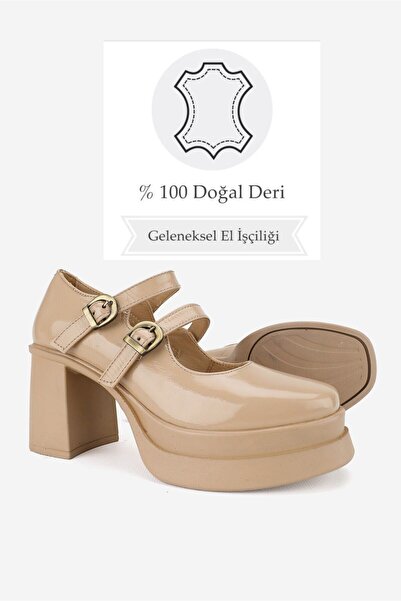 TUNAELLİ Beige Patent Leather Genuine Leather - Double Strap High Heel Platform Shoes
