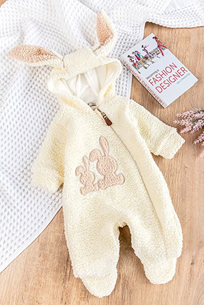ewellce Tavşan Nakışlı Kapüşonlu Welsoft Peluş Kışlık  Bebek Tulum