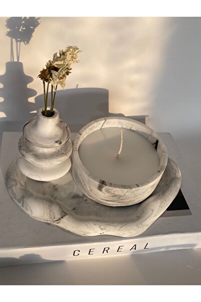 lumieredesignstore Vanilla Scented Concrete Candle - Decorative Plate and Mini Vase Set