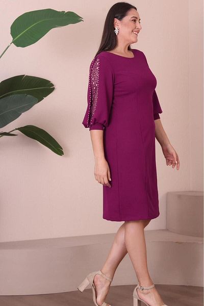 For Big Trend Women's Plus Size Sleeve Pearl Low-cut Detail Pencil Cut Flexible Midi Length Woven Evening Dress