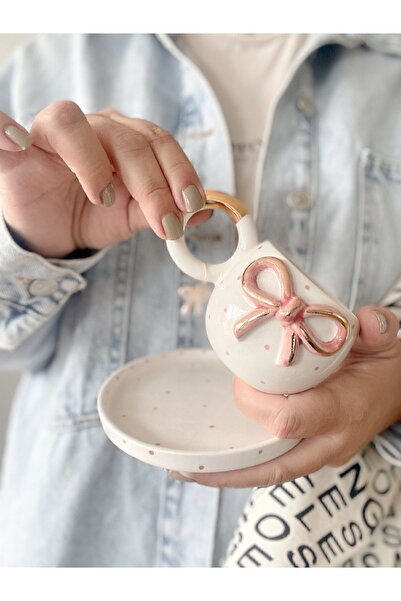 Mugtasarım كوب قهوة تركي مزدوج مصنوع يدويًا بفيونكة سيراميك مطلية بالذهب عيار...