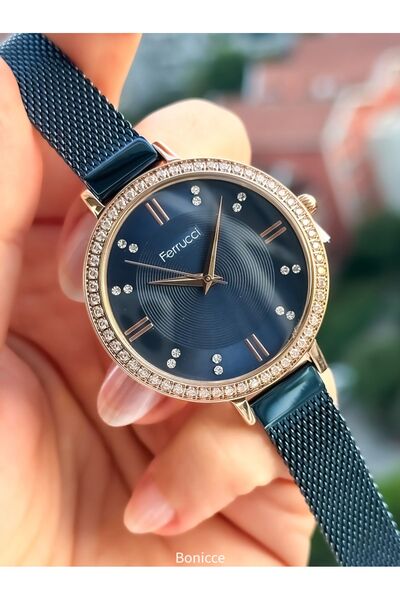 Ferrucci Brand Steel Cord Navy Blue Color Women's Wristwatch+Nazar Beaded Bracelet