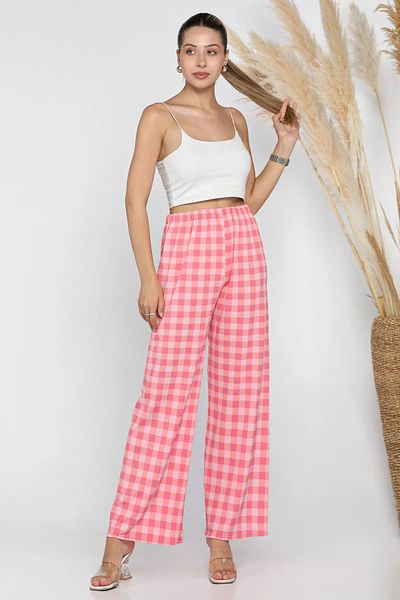GÜLSELİ Wide Leg Pink Checked Walking Pants