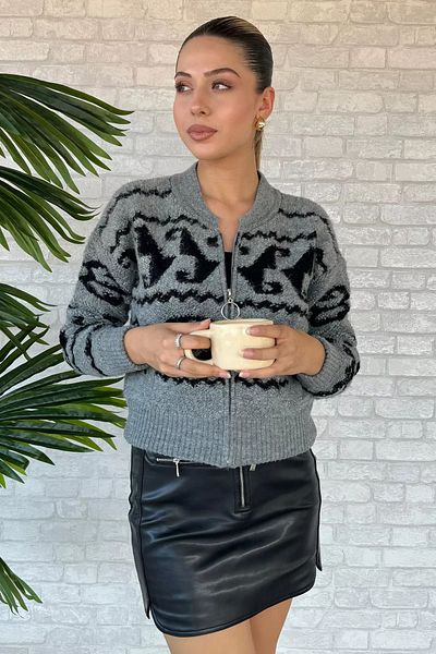 GÜLSELİ Patterned Zippered Gray Black Knitwear Cardigan