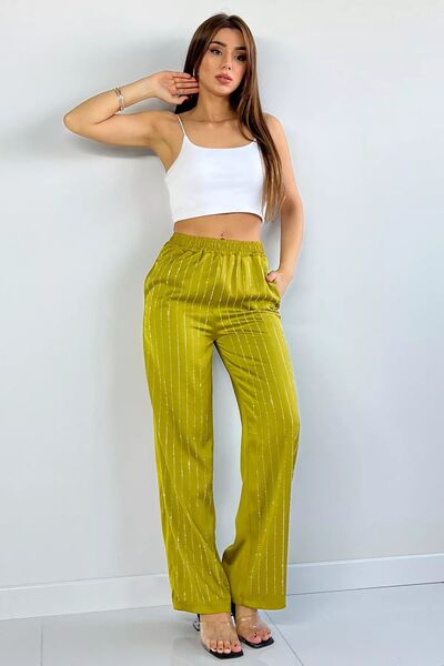 GÜLSELİ Pantaloni de damă din satin cu talie înaltă și verde ulei brodat cu pietre