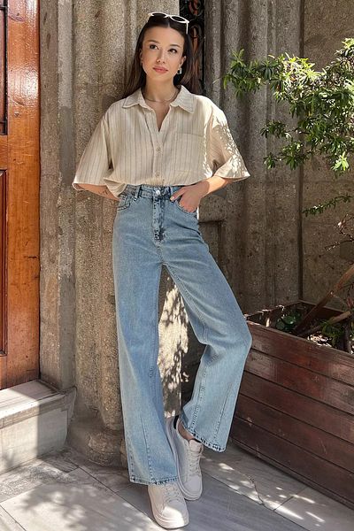 GÜLSELİ High Waist and Elastic Waist Light Blue Women's Palazzo Jeans - Wide Leg Jeans