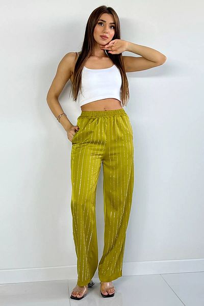 GÜLSELİ Pantaloni de damă din satin cu talie înaltă și verde ulei brodat cu pietre