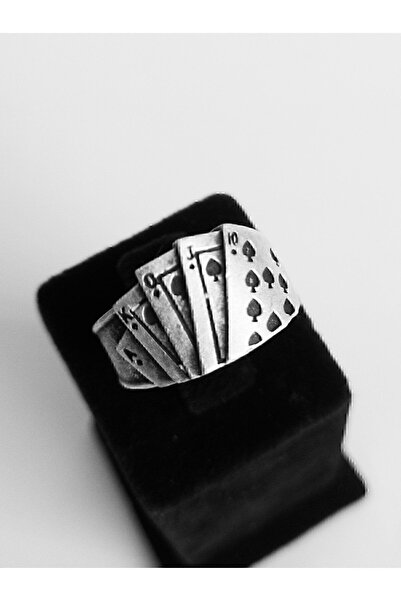 Antique Dolunay Antik Gümüş Kaplama El Yapımı Ayarlanabilir ( A K Q J 10 ) Iskambil Oyun Kağıdı Briç Şekilli Yüzük
