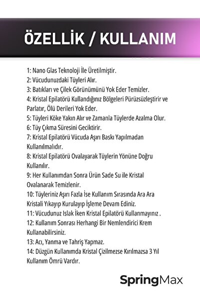 SPRİNGMAX Crystal Eraser Epilasyon Aleti Tüy Silgisi Tüy Alıcı Fiziksel Kristal Epilatör Ma