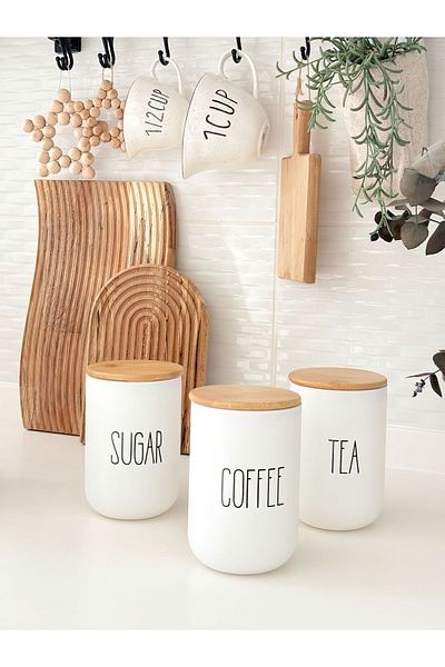 Minika Home White Bamboo Jar Set of 3 - Vacuum Lid, 1000 ML (TEA-COFFEE-SUGAR)