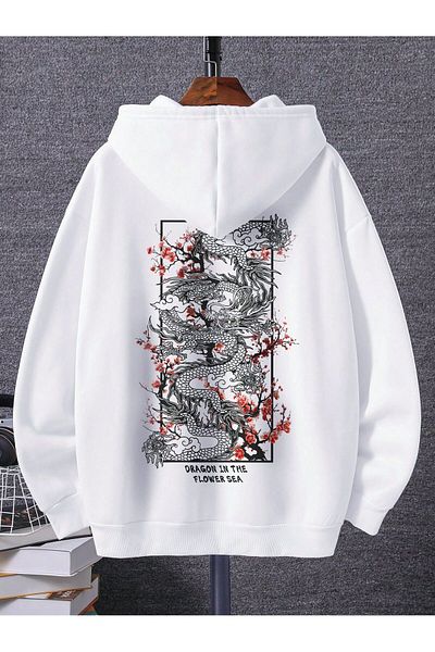 LecaTTe Dragon and Flower Printed White Oversize Hooded Sweatshirt