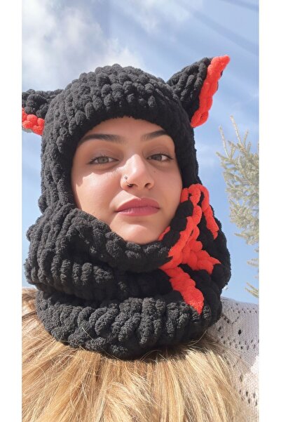 Modaloli Siyah Puffy Balaklava Bere