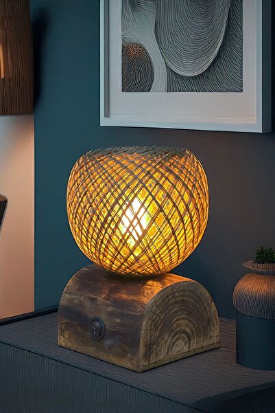 Celestia Home Dilim Ağaç Abajur Hasır Doğal İskandinav El Yapımı Ahşap Lambader Yatak Oturma Odası Rustik