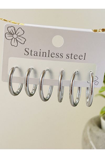 KOALA COMPANY TRIPLE SET STEEL SILVER COLOR HOOP EARRING 12 MM - 15 MM - 18 MM