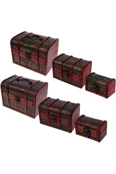 EXENET Nostaljik Ahşap Üretim Deri İşlemeli 3'lü Sandık Çeyiz Seti İç İçe Geç...