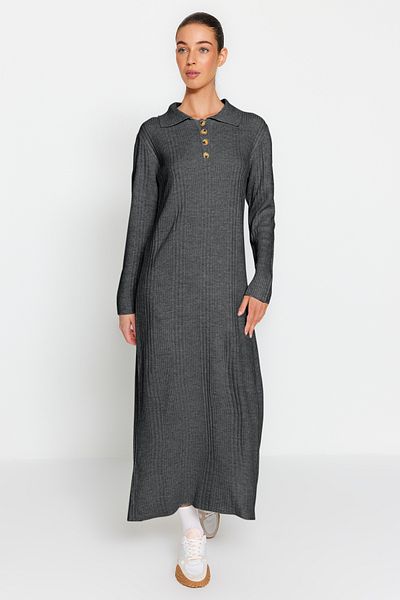 Trendyol Modest Kényelmes szabású antracit póló nyakú bordás kötöttáru ruha - TCTAW24EB00025