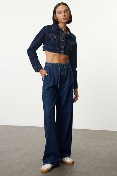 Trendyol Collection Blugi albaștri cu talie elastică cu talie înaltă cu picioare late TWOAW25JE00227