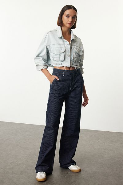 Trendyol Collection Ψηλόμεσο σκούρο μπλε ριγέ φαρδύ τζιν - Twoaw25Je00062