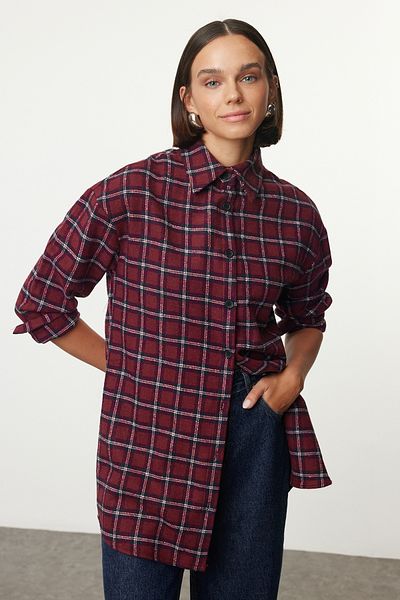 Trendyol Collection Cămașă țesătă supradimensionată în carouri bordeaux - Wide Fit TWOAW25GO00103